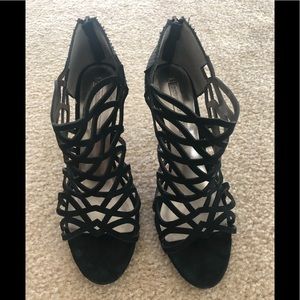 BCBG Maxaria suede snakeskin heels